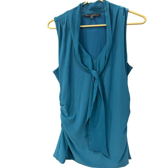 WHBM Teal Tie Front Sleeveless Blouse Ruched Side Polished Stretch Knit Sz M NEW - Picture 3 of 8